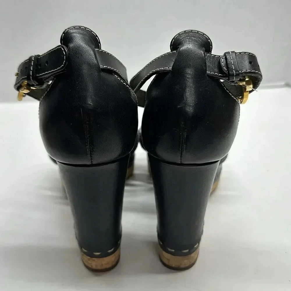 Chloe Marcie Wedges Leather T-Strap Platform High Heel Sandals Black Size 40.5